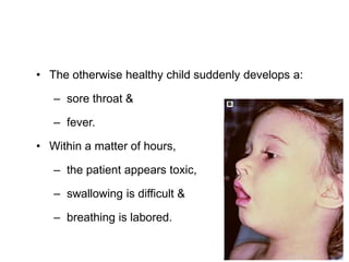 • The otherwise healthy child suddenly develops a:
– sore throat &
– fever.
• Within a matter of hours,
– the patient appears toxic,
– swallowing is difficult &
– breathing is labored.
 