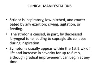 CLINICAL MANIFESTATIONS
• Stridor is inspiratory, low-pitched, and exacer-
bated by any exertion: crying, agitation, or
feeding.
• The stridor is caused, in part, by decreased
laryngeal tone leading to supraglottic collapse
during inspiration.
• Symptoms usually appear within the 1st 2 wk of
life and increase in severity for up to 6 mo,
although gradual improvement can begin at any
time.
 