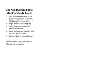 One Arm Dumbbell Row: Lats, Rhomboids, Biceps One hand and one knee on flat bench, torso almost horizontal, flat back with neutral spine Slight bend in supporting leg Grip DB with opposite hand, extend arm to side Bend at elbow and shoulder, pull DB until reaches torso Extend elbow in same pathway -Avoid using legs and rotating torso -Maintain torso position 