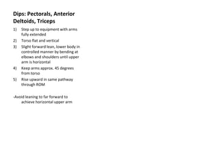 Dips: Pectorals, Anterior Deltoids, Triceps Step up to equipment with arms fully extended Torso flat and vertical Slight forward lean, lower body in controlled manner by bending at elbows and shoulders until upper arm is horizontal Keep arms approx. 45 degrees from torso Rise upward in same pathway through ROM -Avoid leaning to far forward to achieve horizontal upper arm 
