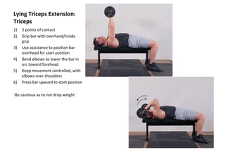 Lying Triceps Extension: Triceps 5 points of contact Grip bar with overhand/inside grip Use assistance to position bar overhead for start position Bend elbows to lower the bar in arc toward forehead Keep movement controlled, with elbows over shoulders Press bar upward to start position -Be cautious as to not drop weight 