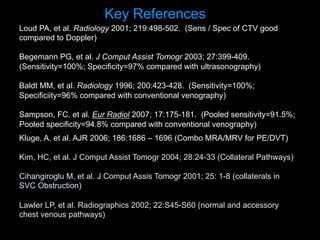 Loud PA, et al. Radiology 2001; 219:498-502. (Sens / Spec of CTV good
compared to Doppler)
Begemann PG, et al. J Comput Assist Tomogr 2003; 27:399-409.
(Sensitivity=100%; Specificity=97% compared with ultrasonography)
Baldt MM, et al. Radiology 1996; 200:423-428. (Sensitivity=100%;
Specificiity=96% compared with conventional venography)
Sampson, FC, et al. Eur Radiol 2007; 17:175-181. (Pooled sensitivity=91.5%;
Pooled specificity=94.8% compared with conventional venography)
Key References
Kluge, A. et al. AJR 2006; 186:1686 – 1696 (Combo MRA/MRV for PE/DVT)
Kim, HC, et al. J Comput Assist Tomogr 2004; 28:24-33 (Collateral Pathways)
Cihangiroglu M, et al. J Comput Assis Tomogr 2001; 25: 1-8 (collaterals in
SVC Obstruction)
Lawler LP, et al. Radiographics 2002; 22:S45-S60 (normal and accessory
chest venous pathways)
 