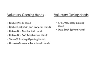 Voluntary-Opening Hands Voluntary Closing Hands
• Becker Plylite Hand
• Becker Lock-Grip and Imperial Hands
• Robin-Aids Mechanical Hand
• Robin-Aids Soft Mechanical Hand
• Sierra Voluntary-Opening Hand
• Hosmer-Dorrance Functional Hands
• APRL Voluntary Closing
Hand
• Otto Bock System Hand
 