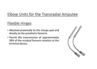 Elbow Units for the Transradial Amputee
Flexible Hinges
• Attached proximally to the triceps pad and
distally to the prosthetic forearm.
• Permit the transmission of approximately
50% of the residual forearm rotation to the
terminal device.
 