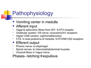 Pathophysiology
 Vomiting center in medulla
 Afferent input
 Vagal & splanchnic fibres from GIT- 5-HT3 receptor
 Vestibular system- VIII nerve- muscarinic/H1 receptors
 Higher CNS centers- sight/smell/emotion
 CTZ- in area postrema of medulla- 5-HT3/NK1/D2 receptors
 Efferent output
 Phrenic nerve- to diaphragm
 Spinal nerves- to intercostal/abdominal muscles
 Visceral fibres in Vagus nerve
Phases- retchingexpulisve
 