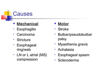 Causes
 Mechanical
 Esophagitis
 Carcinoma
 Stricture
 Esophageal
ring/web
 LN or L atrial (MS)
compression
 Motor
 Stroke
 Bulbar/pseudobulbar
palsy
 Myasthenia gravis
 Achalasia
 Esophageal spasm
 Scleroderma
 