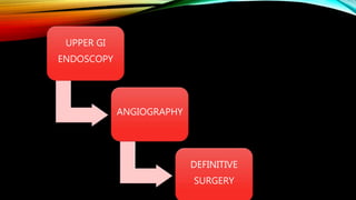 UPPER GI
ENDOSCOPY
ANGIOGRAPHY
DEFINITIVE
SURGERY
 