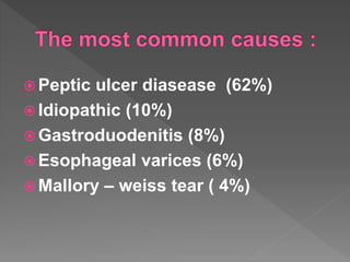 Peptic ulcer diasease (62%)
 Idiopathic (10%)
 Gastroduodenitis (8%)
 Esophageal varices (6%)
 Mallory – weiss tear ( 4%)
 