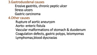 3.Gastroduodenal causes
Erosive gastritis, chronic peptic ulcer
Stress ulcers
Gastric carcinoma
4.Other causes
Rupture of aortic aneurysm
Aorto- enteric fistula
Vascular malformations of stomach & duodenum
Coagulation defects, gastric polyps, leiomyomas
Lymphomas,blood dyscrasias
 