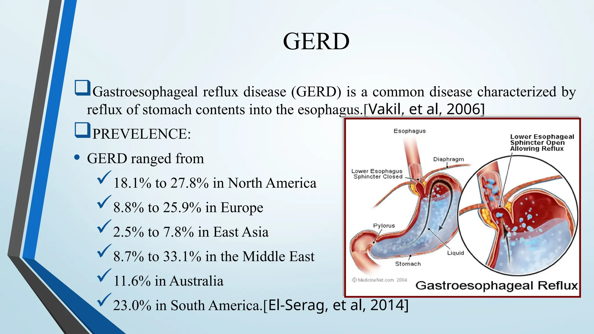 GERD
Gastroesophageal reflux disease (GERD) is a common disease characterized by
reflux of stomach contents into the esophagus.[Vakil, et al, 2006]
PREVELENCE:
• GERD ranged from
18.1% to 27.8% in North America
8.8% to 25.9% in Europe
2.5% to 7.8% in East Asia
8.7% to 33.1% in the Middle East
11.6% in Australia
23.0% in South America.[El-Serag, et al, 2014]
 