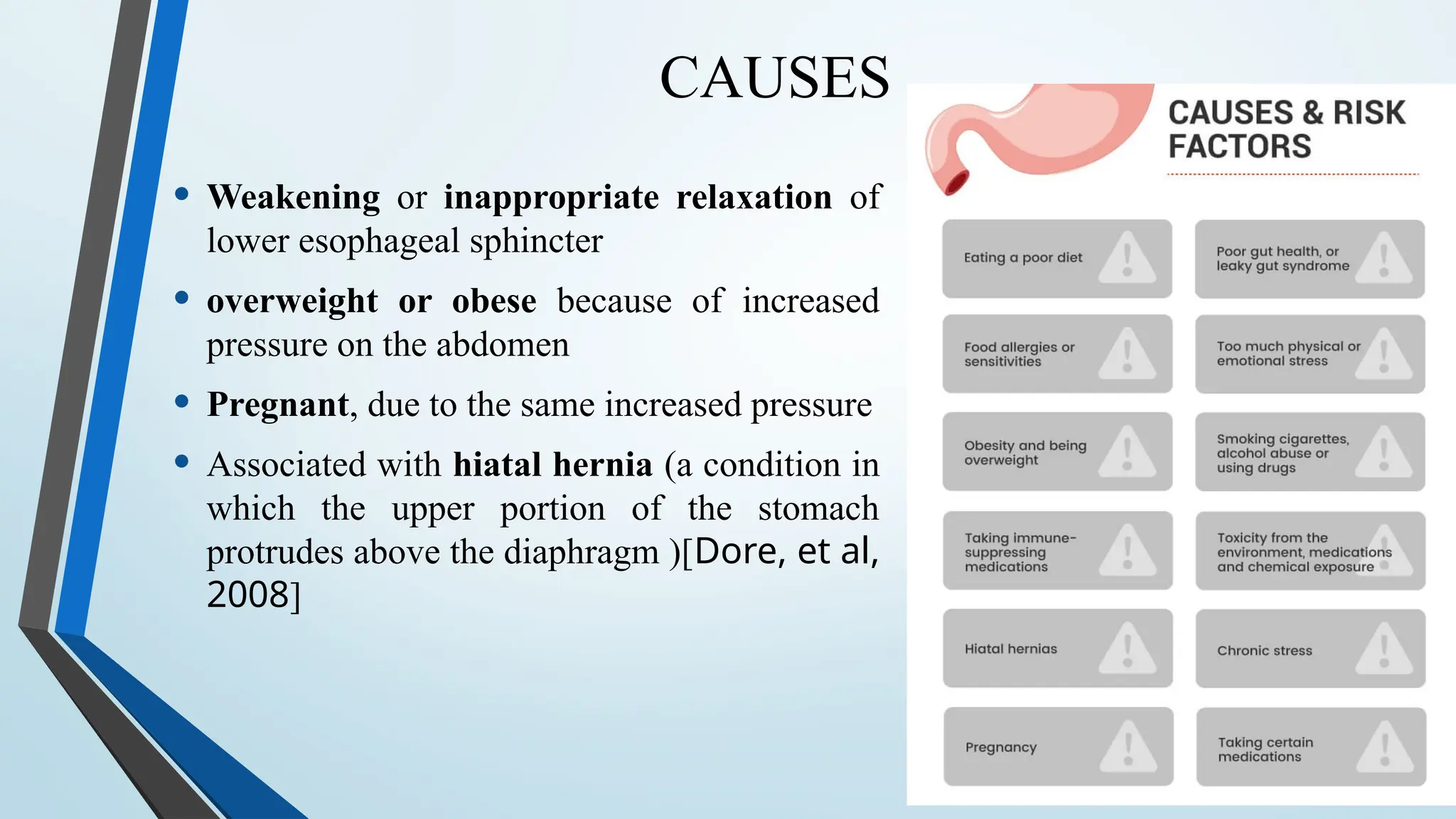 CAUSES
• Weakening or inappropriate relaxation of
lower esophageal sphincter
• overweight or obese because of increased
pressure on the abdomen
• Pregnant, due to the same increased pressure
• Associated with hiatal hernia (a condition in
which the upper portion of the stomach
protrudes above the diaphragm )[Dore, et al,
2008]
 