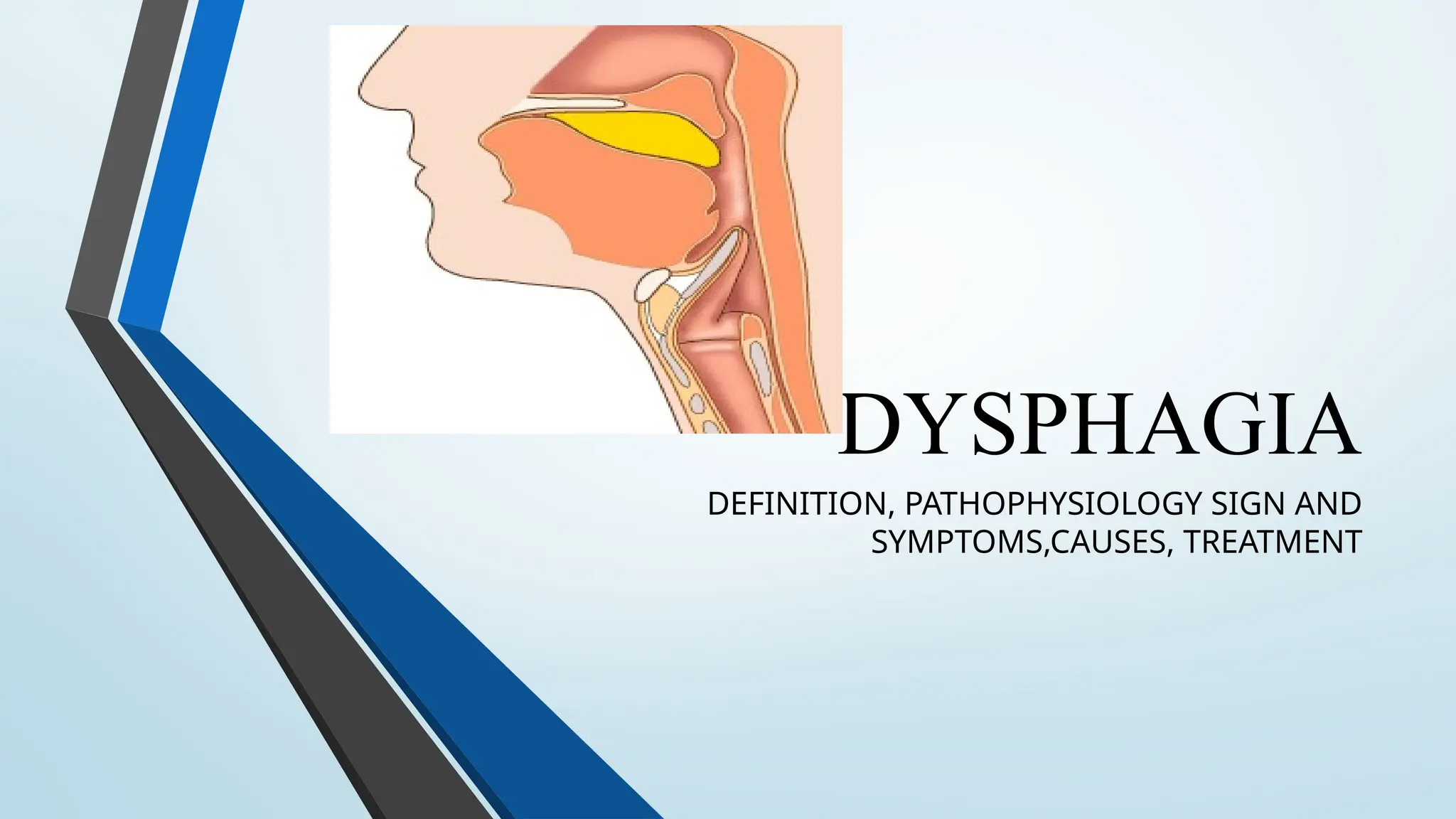 DYSPHAGIA
DEFINITION, PATHOPHYSIOLOGY SIGN AND
SYMPTOMS,CAUSES, TREATMENT
 