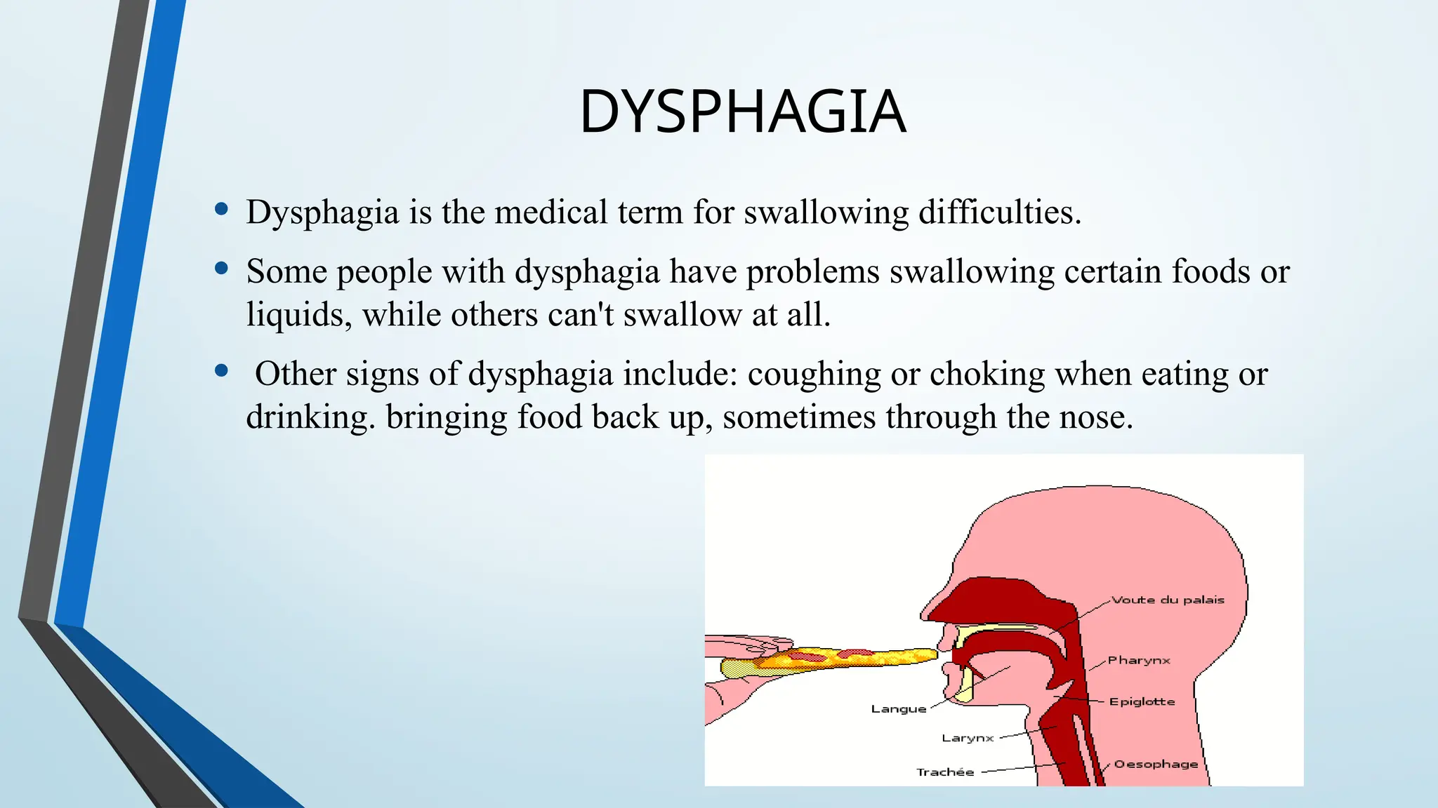 DYSPHAGIA
• Dysphagia is the medical term for swallowing difficulties.
• Some people with dysphagia have problems swallowing certain foods or
liquids, while others can't swallow at all.
• Other signs of dysphagia include: coughing or choking when eating or
drinking. bringing food back up, sometimes through the nose.
 