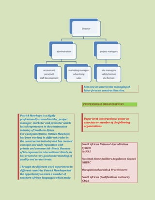 Patrick Mawhayo is a highly
professionally trained builder, project
manager, marketer and promoter which
lots of experiences in the construction
industry of Southern Africa.
For a long timeframe, Patrick Mawhayo
has been working in different trades in
the construction industry and has created
a unique and wide reputation with
private and commercial clients. Because
of his exposure to international clients, he
has created a very good understanding of
quality and service levels.
Through the different work experiences in
different countries Patrick Mawhayo had
the opportunity to learn a number of
southern African languages which made
him now an asset in the managing of
labor force on construction sites.
PROFESSIONAL ORGANISATIONS
Upper level Construction is either an
associate or member of the following
organizations:
South African National Accreditation
System
NANAS
National Home Builders Regulation Council
NHBRC
Occupational Health & Practitioners
South African Qualifications Authority
SAQA
 