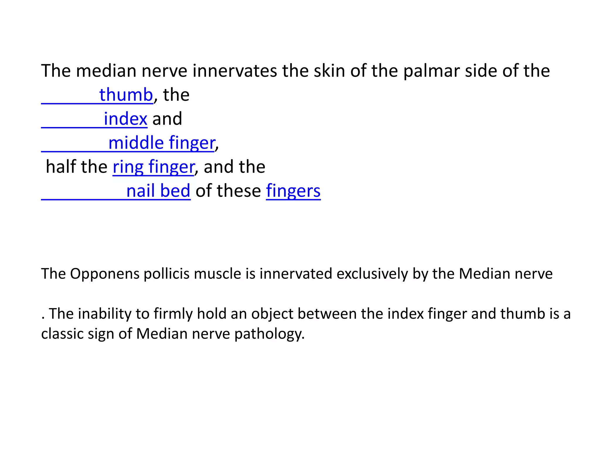 The median nerve innervates the skin of the palmar side of the
       thumb, the
        index and
         middle finger,
half the ring finger, and the
           nail bed of these fingers



The Opponens pollicis muscle is innervated exclusively by the Median nerve

. The inability to firmly hold an object between the index finger and thumb is a
classic sign of Median nerve pathology.
 