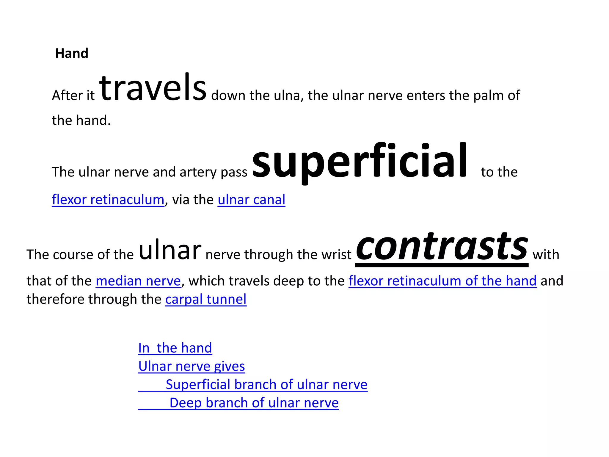 Hand

    After it   travels          down the ulna, the ulnar nerve enters the palm of
    the hand.


    The ulnar nerve and artery pass   superficial                         to the
    flexor retinaculum, via the ulnar canal


The course of the   ulnar nerve through the wrist contrasts with
that of the median nerve, which travels deep to the flexor retinaculum of the hand and
therefore through the carpal tunnel


                    In the hand
                    Ulnar nerve gives
                         Superficial branch of ulnar nerve
                         Deep branch of ulnar nerve
 