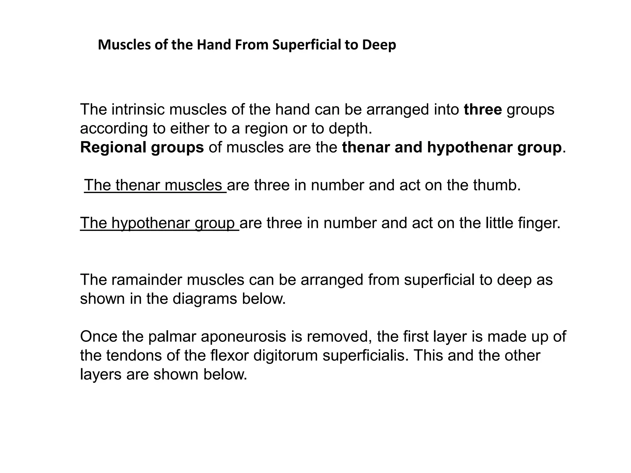 Muscles of the Hand From Superficial to Deep



The intrinsic muscles of the hand can be arranged into three groups
according to either to a region or to depth.
Regional groups of muscles are the thenar and hypothenar group.

The thenar muscles are three in number and act on the thumb.

The hypothenar group are three in number and act on the little finger.


The ramainder muscles can be arranged from superficial to deep as
shown in the diagrams below.

Once the palmar aponeurosis is removed, the first layer is made up of
the tendons of the flexor digitorum superficialis. This and the other
layers are shown below.
 