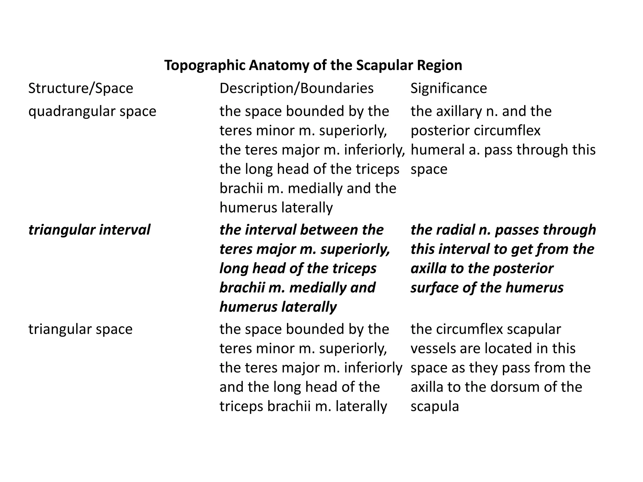 Topographic Anatomy of the Scapular Region
Structure/Space            Description/Boundaries         Significance
quadrangular space         the space bounded by the the axillary n. and the
                           teres minor m. superiorly, posterior circumflex
                           the teres major m. inferiorly, humeral a. pass through this
                           the long head of the triceps space
                           brachii m. medially and the
                           humerus laterally
triangular interval        the interval between the       the radial n. passes through
                           teres major m. superiorly, this interval to get from the
                           long head of the triceps       axilla to the posterior
                           brachii m. medially and        surface of the humerus
                           humerus laterally
triangular space           the space bounded by the the circumflex scapular
                           teres minor m. superiorly, vessels are located in this
                           the teres major m. inferiorly space as they pass from the
                           and the long head of the       axilla to the dorsum of the
                           triceps brachii m. laterally scapula
 