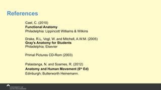 References
Cael, C. (2010)
Functional Anatomy
Philadelphia: Lippincott Williams & Wilkins
Drake, R.L, Vogl, W. and Mitchell, A.W.M. (2005)
Gray’s Anatomy for Students
Philadelphia; Elsevier
Primal Pictures CD-Rom (2003)
Palastanga, N. and Soames, R. (2012)
Anatomy and Human Movement (6th
Ed)
Edinburgh; Butterworth Heinemann.
 