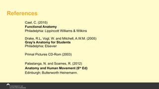 References
Cael, C. (2010)
Functional Anatomy
Philadelphia: Lippincott Williams & Wilkins
Drake, R.L, Vogl, W. and Mitchell, A.W.M. (2005)
Gray’s Anatomy for Students
Philadelphia; Elsevier
Primal Pictures CD-Rom (2003)
Palastanga, N. and Soames, R. (2012)
Anatomy and Human Movement (6th
Ed)
Edinburgh; Butterworth Heinemann.
 