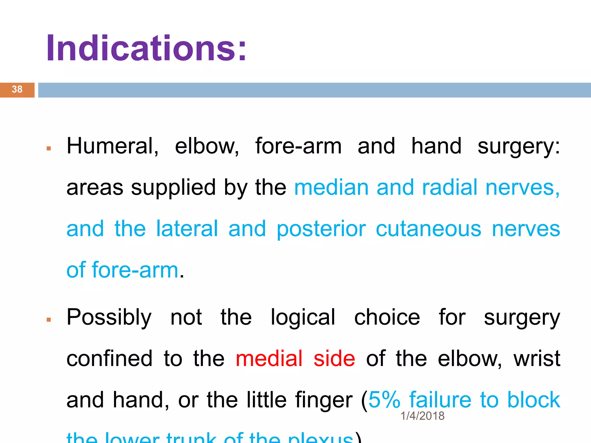 Indications:
 Humeral, elbow, fore-arm and hand surgery:
areas supplied by the median and radial nerves,
and the lateral and posterior cutaneous nerves
of fore-arm.
 Possibly not the logical choice for surgery
confined to the medial side of the elbow, wrist
and hand, or the little finger (5% failure to block
1/4/2018
38
 