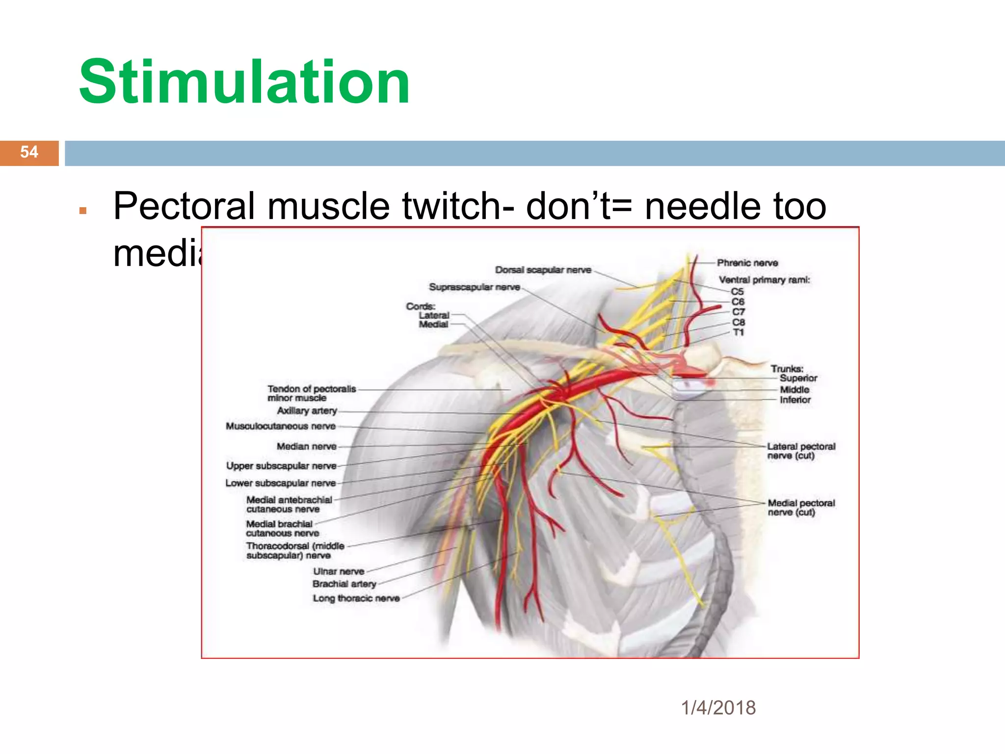 Stimulation
 Pectoral muscle twitch- don’t= needle too
medial or superficial
1/4/2018
54
 