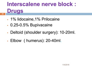 Interscalene nerve block :
Drugs
 1% lidocaine,1% Prilocaine
 0.25-0.5% Bupivacaine
 Deltoid (shoulder surgery): 10-20ml.
 Elbow ( humerus): 20-40ml.
1/4/2018
25
 