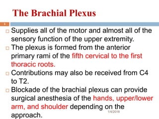 The Brachial Plexus
 Supplies all of the motor and almost all of the
sensory function of the upper extremity.
 The plexus is formed from the anterior
primary rami of the fifth cervical to the first
thoracic roots.
 Contributions may also be received from C4
to T2.
 Blockade of the brachial plexus can provide
surgical anesthesia of the hands, upper/lower
arm, and shoulder depending on the
approach.
1/4/2018
3
 