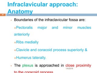 Infraclavicular approach:
Anatomy
 Boundaries of the infraclavicular fossa are:
Pectoralis major and minor muscles
anteriorly
Ribs medially
Clavicle and coracoid process superiorly &
Humerus laterally.
 The plexus is approached in close proximity
1/4/2018
47
 