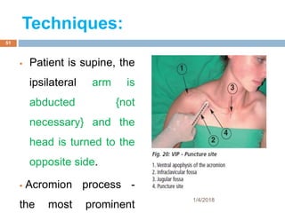 Techniques:
 Patient is supine, the
ipsilateral arm is
abducted {not
necessary} and the
head is turned to the
opposite side.
 Acromion process -
the most prominent
1/4/2018
51
 