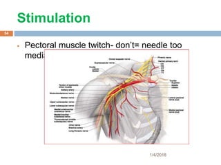 Stimulation
 Pectoral muscle twitch- don’t= needle too
medial or superficial
1/4/2018
54
 
