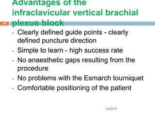 Advantages of the
infraclavicular vertical brachial
plexus block
 Clearly defined guide points - clearly
defined puncture direction
 Simple to learn - high success rate
 No anaesthetic gaps resulting from the
procedure
 No problems with the Esmarch tourniquet
 Comfortable positioning of the patient
1/4/2018
56
 
