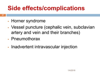 Side effects/complications
 Horner syndrome
 Vessel puncture (cephalic vein, subclavian
artery and vein and their branches)
 Pneumothorax
 Inadvertent intravascular injection
1/4/2018
57
 