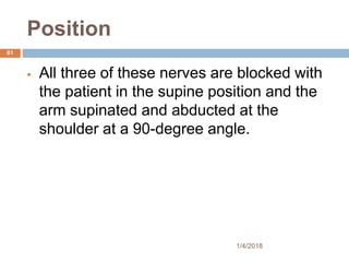 Position
 All three of these nerves are blocked with
the patient in the supine position and the
arm supinated and abducted at the
shoulder at a 90-degree angle.
1/4/2018
81
 