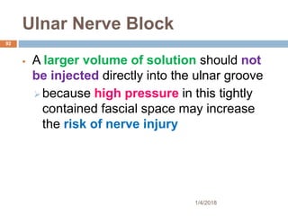 Ulnar Nerve Block
 A larger volume of solution should not
be injected directly into the ulnar groove
 because high pressure in this tightly
contained fascial space may increase
the risk of nerve injury
1/4/2018
92
 