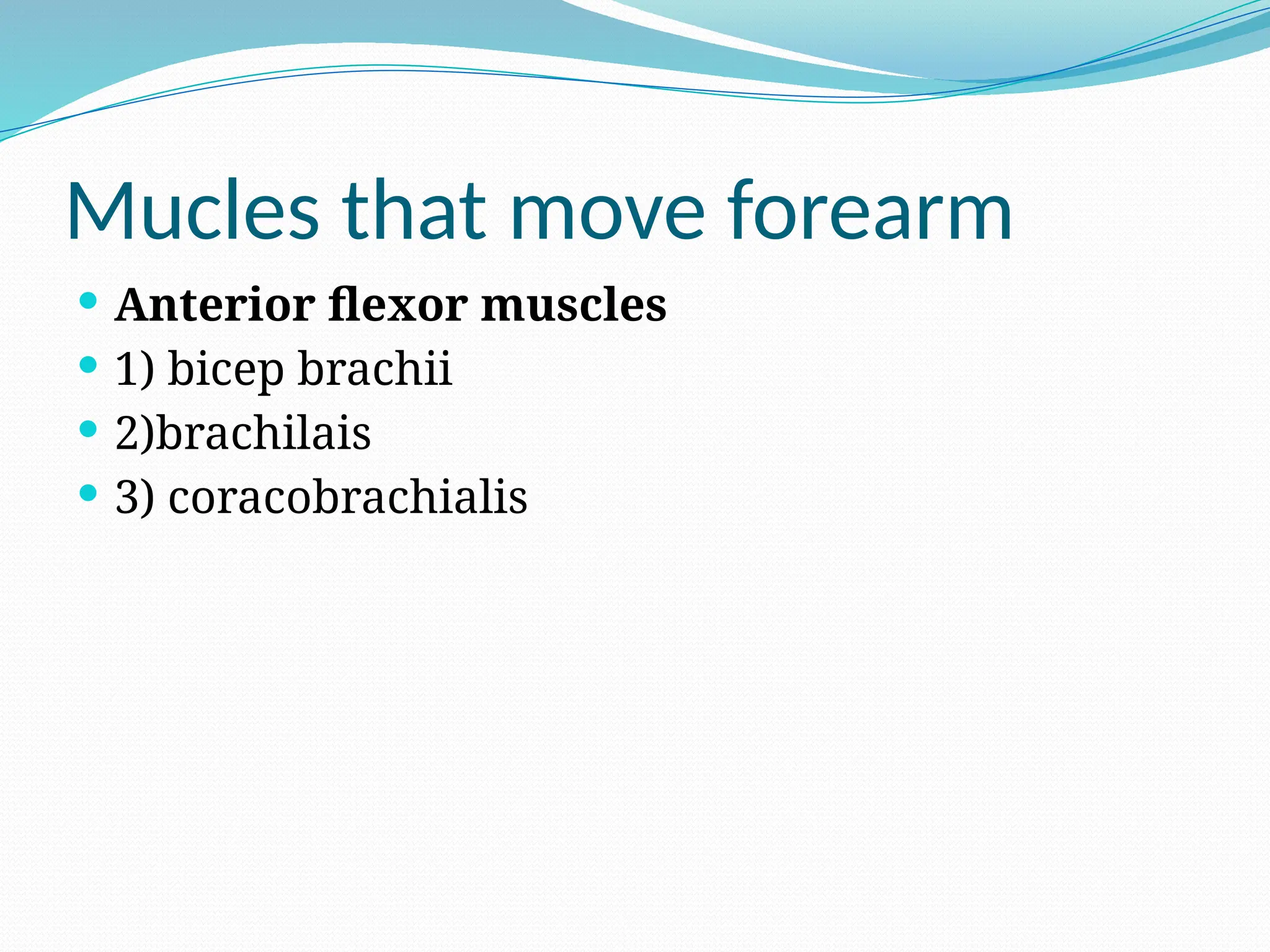 Mucles that move forearm
 Anterior flexor muscles
 1) bicep brachii
 2)brachilais
 3) coracobrachialis
 