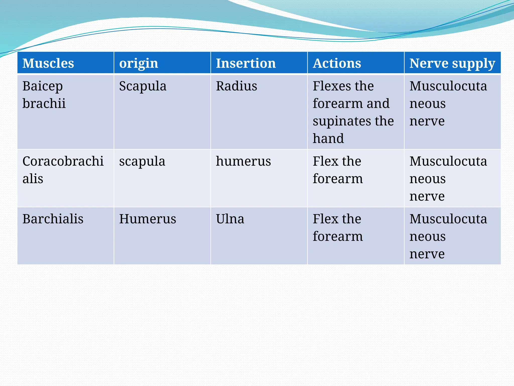 Muscles origin Insertion Actions Nerve supply
Baicep
brachii
Scapula Radius Flexes the
forearm and
supinates the
hand
Musculocuta
neous
nerve
Coracobrachi
alis
scapula humerus Flex the
forearm
Musculocuta
neous
nerve
Barchialis Humerus Ulna Flex the
forearm
Musculocuta
neous
nerve
 