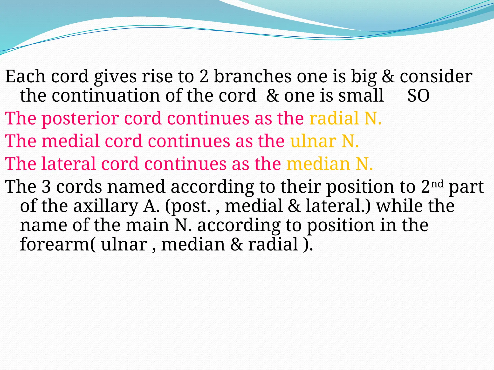 Each cord gives rise to 2 branches one is big & consider
the continuation of the cord & one is small SO
The posterior cord continues as the radial N.
The medial cord continues as the ulnar N.
The lateral cord continues as the median N.
The 3 cords named according to their position to 2nd
part
of the axillary A. (post. , medial & lateral.) while the
name of the main N. according to position in the
forearm( ulnar , median & radial ).
 