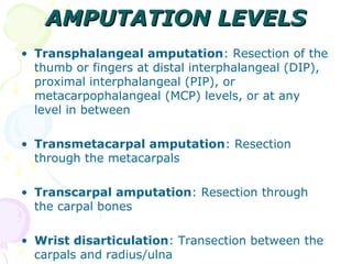 AMPUTATION LEVELSAMPUTATION LEVELS
• Transphalangeal amputation: Resection of the
thumb or fingers at distal interphalangeal (DIP),
proximal interphalangeal (PIP), or
metacarpophalangeal (MCP) levels, or at any
level in between
• Transmetacarpal amputation: Resection
through the metacarpals
• Transcarpal amputation: Resection through
the carpal bones
• Wrist disarticulation: Transection between the
carpals and radius/ulna
 