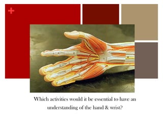 +THE HAND AND WRIST
Which activities would it be essential to have an
understanding of the hand & wrist?
 