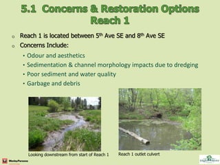 o   Reach 1 is located between 5th Ave SE and 8th Ave SE
o   Concerns Include:
     • Odour and aesthetics
     • Sedimentation & channel morphology impacts due to dredging
     • Poor sediment and water quality
     • Garbage and debris




       Looking downstream from start of Reach 1   Reach 1 outlet culvert
 