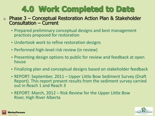 o   Phase 3 – Conceptual Restoration Action Plan & Stakeholder
    Consultation – Current
     • Prepared preliminary conceptual designs and best management
       practices proposed for restoration
     • Undertook work to refine restoration designs
     • Performed high-level risk review (in review)
     • Presenting design options to public for review and feedback at open
       house
     • Finalizing plan and conceptual designs based on stakeholder feedback
     • REPORT: September, 2011 – Upper Little Bow Sediment Survey (Draft
       Report). This report present results from the sediment survey carried
       out in Reach 1 and Reach 3
     • REPORT: March, 2012 – Risk Review for the Upper Little Bow
       River, High River Alberta
 