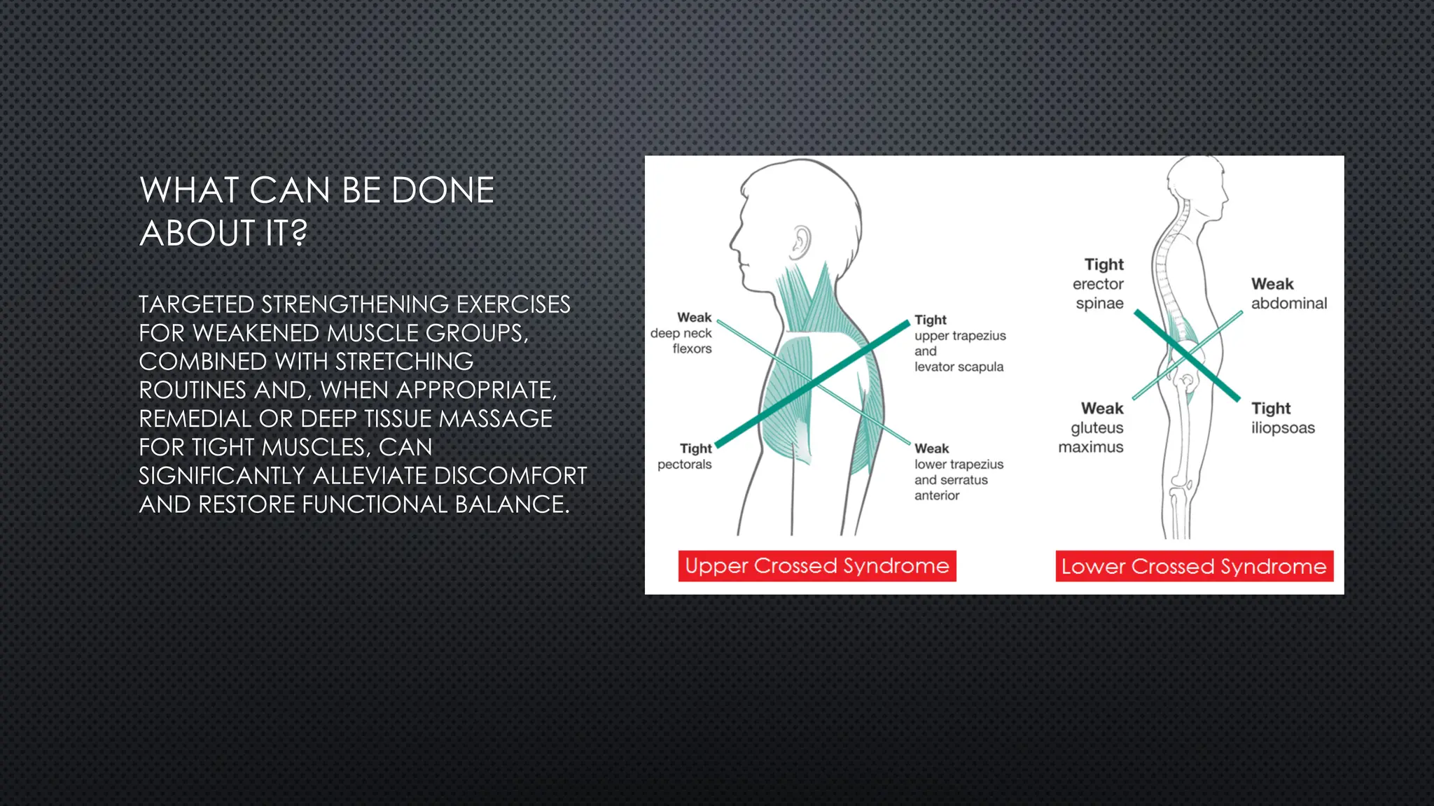 TARGETED STRENGTHENING EXERCISES
FOR WEAKENED MUSCLE GROUPS,
COMBINED WITH STRETCHING
ROUTINES AND, WHEN APPROPRIATE,
REMEDIAL OR DEEP TISSUE MASSAGE
FOR TIGHT MUSCLES, CAN
SIGNIFICANTLY ALLEVIATE DISCOMFORT
AND RESTORE FUNCTIONAL BALANCE.
WHAT CAN BE DONE
ABOUT IT?
 