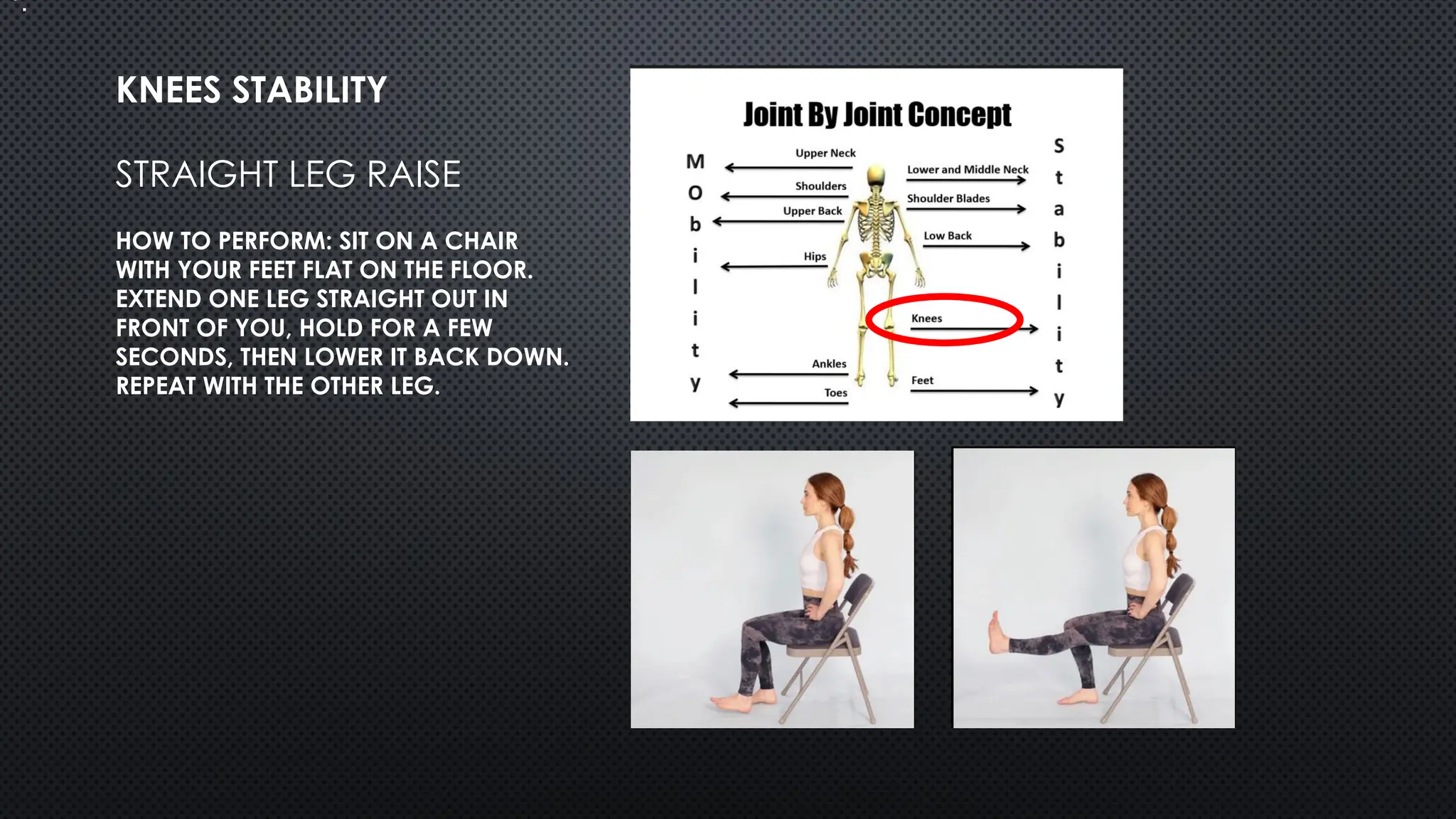 STRAIGHT LEG RAISE
HOW TO PERFORM: SIT ON A CHAIR
WITH YOUR FEET FLAT ON THE FLOOR.
EXTEND ONE LEG STRAIGHT OUT IN
FRONT OF YOU, HOLD FOR A FEW
SECONDS, THEN LOWER IT BACK DOWN.
REPEAT WITH THE OTHER LEG.
KNEES STABILITY
•.
 