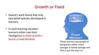 Growth or Fixed
• Dweck’s work found that only
two belief systems developed in
learners.
• In each learning situation
learners either saw their
intelligence as fixed at birth—
hence a Fixed Mindset.
These learners see people as
being born either smart
average or below average and
that is just the way it is.
 