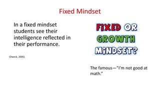 Fixed Mindset
In a fixed mindset
students see their
intelligence reflected in
their performance.
(Dweck, 2006).
The famous—”I’m not good at
math.”
 