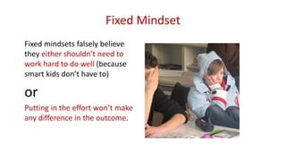 Fixed Mindset
Fixed mindsets falsely believe
they either shouldn’t need to
work hard to do well (because
smart kids don’t have to)
or
Putting in the effort won’t make
any difference in the outcome.
 