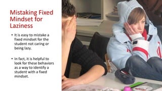 Mistaking Fixed
Mindset for
Laziness
• It is easy to mistake a
fixed mindset for the
student not caring or
being lazy.
• In fact, it is helpful to
look for these behaviors
as a way to identify a
student with a fixed
mindset.
 