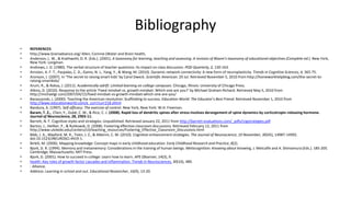 Bibliography
• REFERENCES
• http://www.brainadvance.org/ Allen, Corinne (Water and Brain health,
• Anderson, L. W., & Krathwohl, D. R. (Eds.). (2001). A taxonomy for learning, teaching and assessing: A revision of Bloom's taxonomy of educational objectives (Complete ed.). New York,
New York: Longman.
• Andrews, J. D. (1980). The verbal structure of teacher questions: Its impact on class discussion. POD Quarterly, 2, 130-163.
• Arnsten, A. F. T., Paspalas, C. D., Gamo, N. J., Yang, Y., & Wang, M. (2010). Dynamic network connectivity: A new form of neuroplasticity. Trends in Cognitive Sciences, 4, 365-75.
• Aronson, J. (2007). In ‘The secret to raising smart kids’ by Carol Dweck. Scientific American. 29 Jul. Retrieved November 5, 2010 from http://homeworkhelpblog.com/the-secret-to-
raising-smartkids/
• Arum, R., & Roksa, J. (2011). Academically adrift: Limited learning on college campuses. Chicago, Illinois: University of Chicago Press.
• Atkins, D. (2010). Response to the article ‘Fixed mindset vs. growth mindset: Which one are you?’ by Michael Graham Richard. Retrieved May 5, 2010 from
http://michaelgr.com/2007/04/15/fixed-mindset-vs-growth-mindset-which-one-are-you/
• Banaszynski, J. (2000). Teaching the American revolution: Scaffolding to success. Education World: The Educator’s Best Friend. Retrieved November 1, 2010 from
http://www.educationworld.com/a_curr/curr218.shtml
• Bandura, A. (1997). Self-efficacy: The exercise of control. New York, New York: W.H. Freeman.
• Baram, T. Z., Chen, Y., Dubé, C. M., & Rice, C. J. (2008). Rapid loss of dendritic spines after stress involves derangement of spine dynamics by corticotropin-releasing hormone.
Journal of Neuroscience, 28, 2903-11.
• Barrett, N. F. Cognitive styles and strategies. Unpublished. Retrieved January 22, 2011 from http://barrett-evaluations.com/_pdfs/cogstrategies.pdf
• Barton, J., Heilker, P., & Rutkowsk, D. (2008). Fostering effective classroom discussions. Retrieved February 12, 2011 from
http://www.utoledo.edu/centers/ctl/teaching_resources/Fostering_Effective_Classroom_Discussions.html
• Bibb, J. A., Mayford, M. R., Tsien, J. Z., & Alberini, C. M. (2010). Cognition enhancement strategies. The Journal of Neuroscience, 10 November, 30(45), 14987-14992.
doi:10.1523/​JNEUROSCI.4419-1.
• Birbili, M. (2006). Mapping knowledge: Concept maps in early childhood education. Early Childhood Research and Practice, 8(2).
• Bjork, D. R. (1994). Memory and metamemory: Considerations in the training of human beings. Metacognition: Knowing about knowing, J. Metcalfe and A. Shimamura (Eds.). 185-205.
Cambridge, Massachusetts: MIT Press.
• Bjork, D. (2001). How to succeed in college: Learn how to learn. APS Observer, 14(3), 9.
• health: Key roles of growth factor cascades and inflammation. Trends in Neurosciences, 30(10), 489.
• : Alliance.
• Address: Learning in school and out. Educational Researcher, 16(9), 13-20.
 