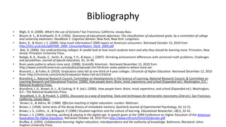 Bibliography
• Bligh, D. A. (2000). What’s the use of lectures? San Francisco, California: Jossey-Bass.
• Bloom, B. S., & Krathwohl, D. R. (1956). Taxonomy of educational objectives: The classification of educational goals, by a committee of college
and university examiners. Handbook 1: Cognitive domain. New York, New York: Longmans.
• Bohn, R., & Short, J. E. (2009). How much information? 2009 report on American consumers. Retrieved October 15, 2010 from
http://hmi.ucsd.edu/pdf/HMI_2009_ConsumerReport_Dec9_2009.pdf
• Bok, D. (2006). Our underachieving colleges: A candid look at how much students learn and why they should be learning more. Princeton, New
Jersey: Princeton University Press.
• Bottge, B. A., Rueda, E., Serlin, R., Hung, Y. H., & Kwon, J. (2007). Shrinking achievement differences with anchored math problems: Challenges
and possibilities. Journal of Special Education, 41, 31-49.
• Brain seeks patterns where none exist. (2008). Scientific American. Retrieved November 13, 2010 from
http://www.scientificamerican.com/podcast/episode.cfm?id=brain-seeks-patterns-where-none-exi-
• Brainard, J., & Fuller, A. (2010). Graduation rates fall at one-third of 4-year colleges. Chronicle of Higher Education. Retrieved December 12, 2010
from http://chronicle.com/article/Graduation-Rates-Fall-at/125614/
• Bransford, J., National Research Council, Committee on Developments in the Science of Learning, National Research Council, & Committee on
Learning Research and Educational Practice. (2000). How people learn: Brain, mind, experience, and school (Expanded ed.). Washington, D.C.:
National Academy Press.
• Bransford, J. D., Brown, A. L., & Cocking, R. R. (ed.). (2000). How people learn: Brain, mind, experience, and school (Expanded ed.). Washington,
D.C.: The National Academies Press.
• Brookfield, S. D., & Preskill, S. (2005). Discussion as a way of teaching: Tools and techniques for democratic classrooms (2nd ed.). San Francisco,
California: Jossey-Bass.
• Brown, G., & Atkins, M. (1988). Effective teaching in higher education. London: Methuen.
• Brown, J. (1958). Some tests of the decay theory of immediate memory. Quarterly Journal of Experimental Psychology, 10, 12-21.
• Brown, J. S., Collins , A., & Duguid, P. (1989.) Situated cognition and the culture of learning. Educational Researcher, 18(1), 32-42.
• Brown, J. S. (1999). Learning, working & playing in the digital age: A speech given at the 1999 Conference on Higher Education of the American
Association for Higher Education. Retrieved October 18, 2010 from http://www.ntlf.com/html/sf/jsbrown.pdf
• Bruffee, K. (1993). Collaborative learning: Higher education, interdependence and the authority of knowledge. Baltimore, Maryland: Johns
Hopkins University Press.
 